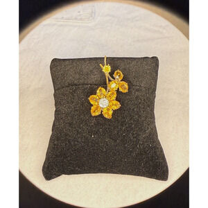 Vintage Long-Stem Flower Brooch Yellow Citrine Stones Rhinestone Lapel Pin MCM